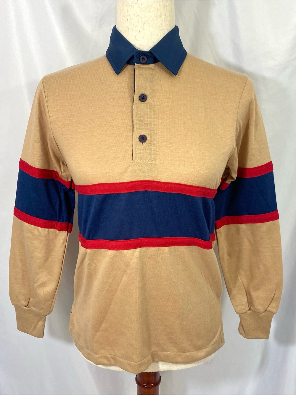 Kids Tan Rugby Polo with Navy Stripe and Red Trim